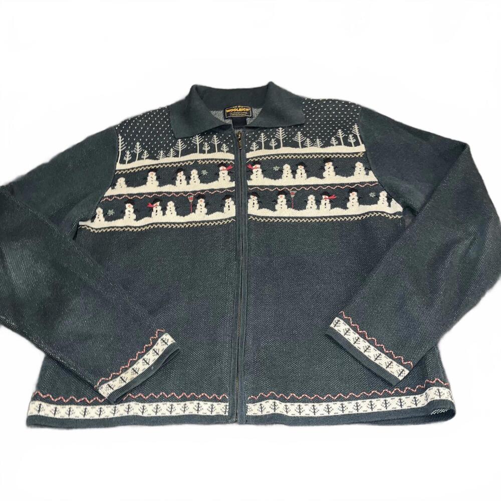 Woolrich Black and Cream Zip-Front Cabin Snowman Sweater